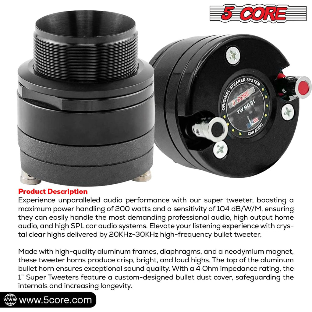 5 Core Super Tweeter 1" 200W Max 4Ohm Neodymium Magnet Titanium Bullet Speaker Horn-2