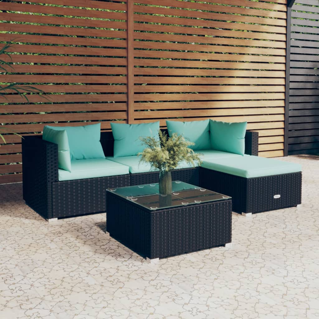 vidaXL 5 Piece Patio Lounge Set with Cushions Poly Rattan Black-0