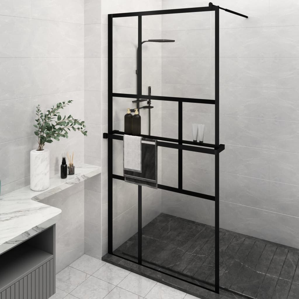 vidaXL Walk-in Shower Wall with Shelf Black 45.3"x76.8" ESG Glass&Aluminum-0